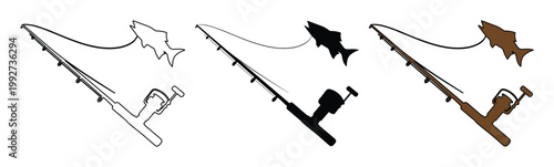 Fishing rod and jumping fish vector icons, spinning reel with hooked trout silhouette set, minimalist angling equipment graphics for outdoor sports