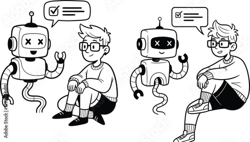 Robot and person talking with speech bubbles speech bubble artificial intelligence robot companion communication conversation technology