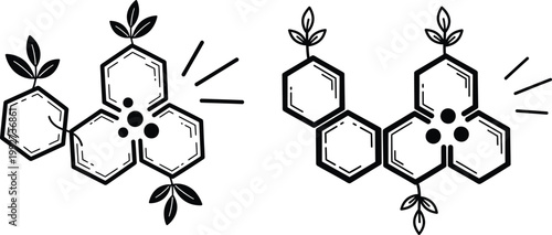 Stylized molecules or geometric shapes with leaves line art molecule chemical connection structure geometric illustration abstract chemistry