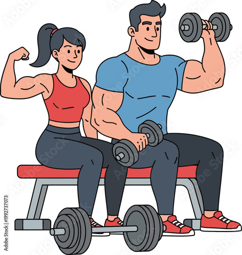 A muscular man and woman working out together on a gym bench.