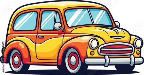 A vibrant cartoon illustration of a vintage yellow and orange sedan car.