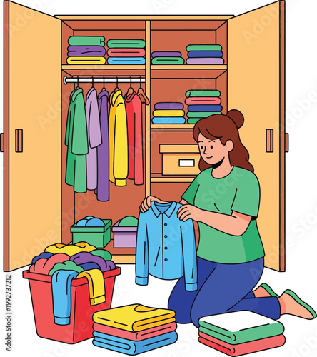 A woman organizing her clean laundry and clothes into a closet.