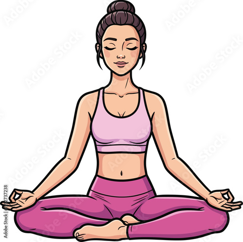 A woman practicing yoga meditation in a peaceful lotus pose illustration.