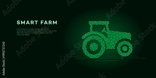 A digital polygonal green tractor representing smart farm technology and agricultural innovation on a dark background, with lorem ipsum text for presentation purposes.