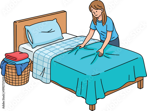A young woman neatly making her bed in the morning.
