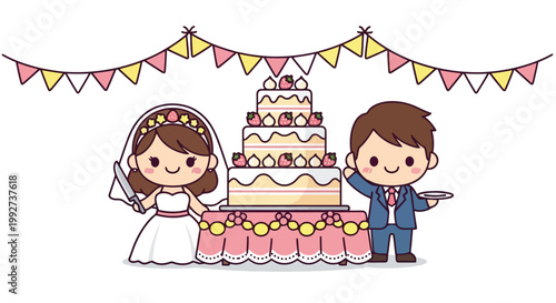 Bride and Groom Standing Beside a Wedding Cake.