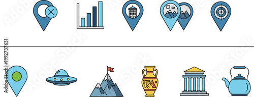 Location map icons set navigation landmarks symbols vector illustration collection modern flat design elements pack