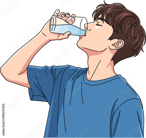 Anime style illustration of a young man drinking water from a glass.