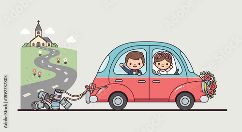 Car with two people driving along road.