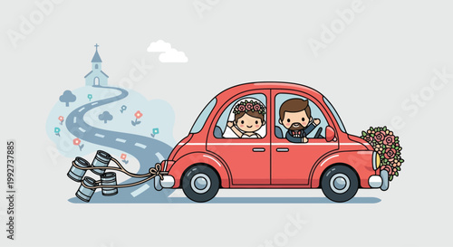 Cartoon red car with two passengers inside.
