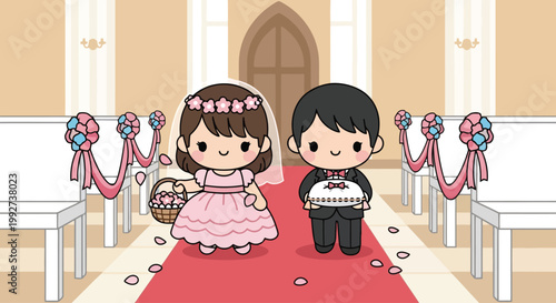 cute wedding couple cartoon illustration standing together.