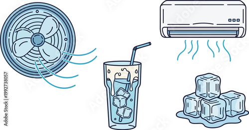 Cool air from a fan, refreshing ice cubes in a drink, and cold air from an air conditioner offer respite from heat