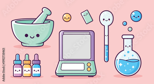 Modern Laboratory Equipment And Tools Set With Beaker Flask Pipette Laptop.