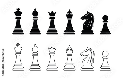 Black and white chess piece icon set including king queen rook bishop knight and pawn vector illustration modern minimalist design