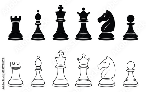 Chess piece icons set black and white collection with king queen rook bishop knight and pawn vector design illustration