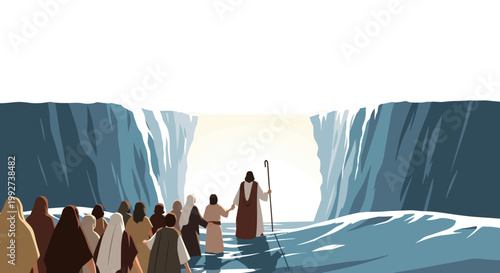 Prophet leads a large group of people through the parted ocean waters.