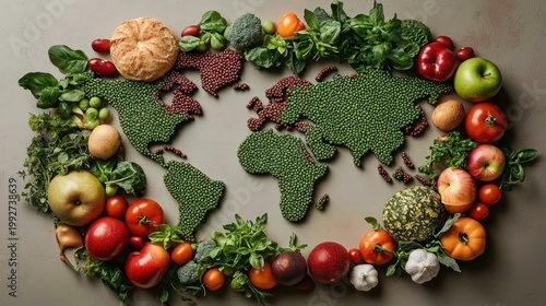 world map made of green peas and red beans surrounded by colorful fruits, vegetables, leafy greens and bread, evoking abundant nourishing global harvest and healthy celebration