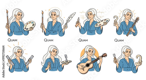 Artist girl in a blue robe holds various creative tools and objects.