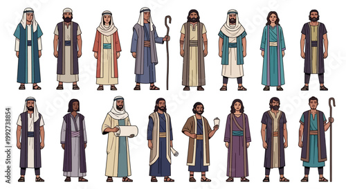 People dressed in traditional biblical robes stand in a row together.