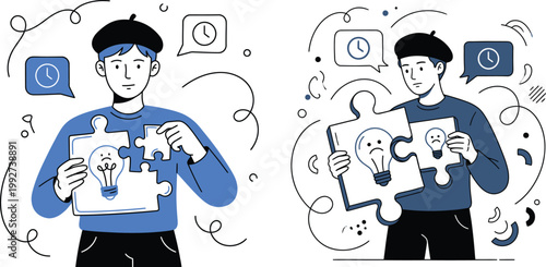 Men working together to solve puzzle pieces representing problem-solving teamwork finding creative solutions in business with flat illustration