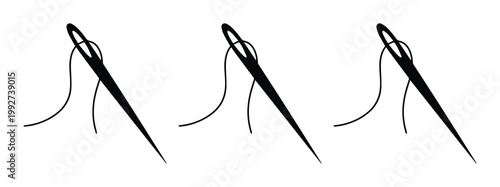 Quadro su tela Minimalist sewing needle icons with thread, black silhouette tailoring needle se