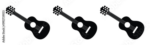Acoustic guitar silhouettes, set of 3 black musical instrument icons, minimalist string instrument vector graphics for music branding and logo design