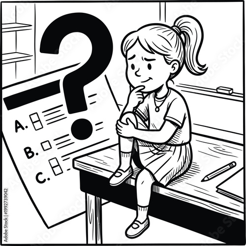 Confused school girl thinking while sitting on desk with large question mark and multiple choice test paper confused thinking education learning