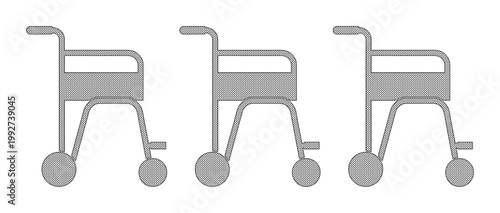 Minimalist wheelchair icon set, three grey medical mobility chair vectors, disability equipment symbols for healthcare apps and hospital signage