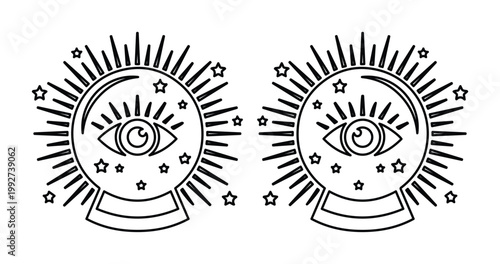 Mystical crystal ball vector icons, celestial fortune teller glass globe with third eye and stars, esoteric magic orb line art illustrations