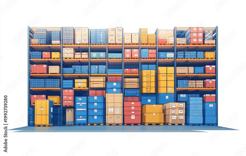 Fototapeta premium organized warehouse shelving filled with colorful stacked boxes and pallets, conveying efficiency and order