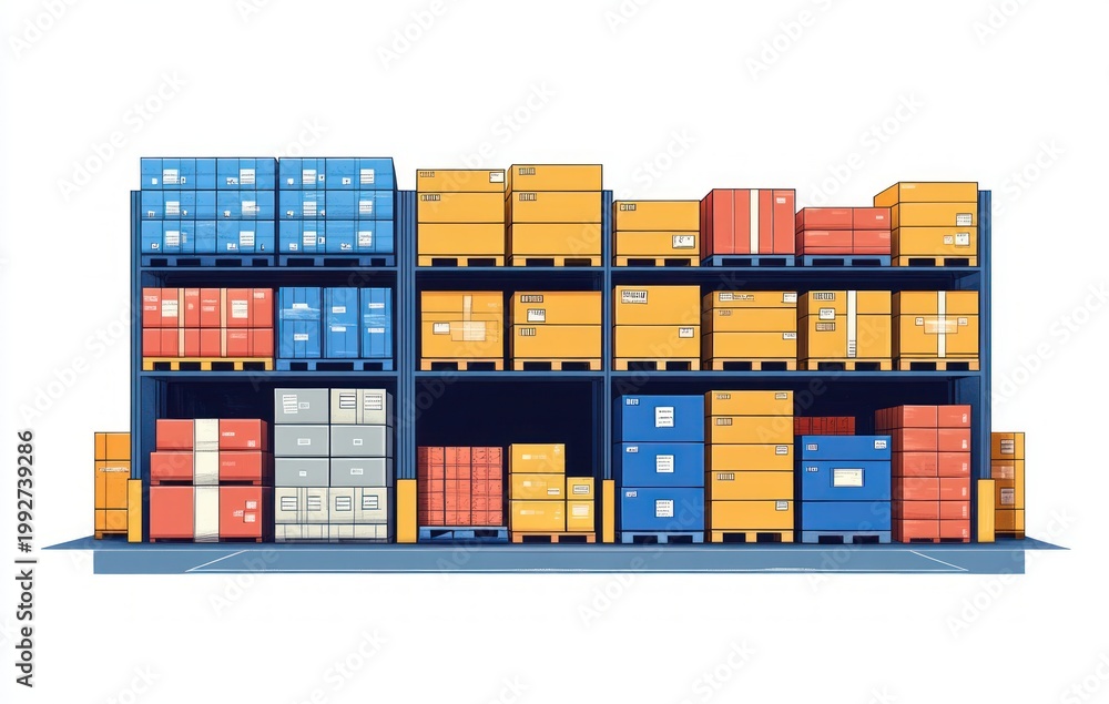 Fototapeta premium Neat industrial warehouse racking with colorful stacked pallets and boxes on metal shelves conveying efficiency and order