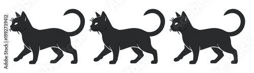 Black cat silhouette vector set, walking feline silhouettes in profile, three dark kitten icons for Halloween decor and animal logos