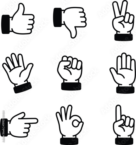Collection of nine diverse hand gestures and symbols including thumbs up thumbs down peace pointing okay signs with thumbs up, pointing finger