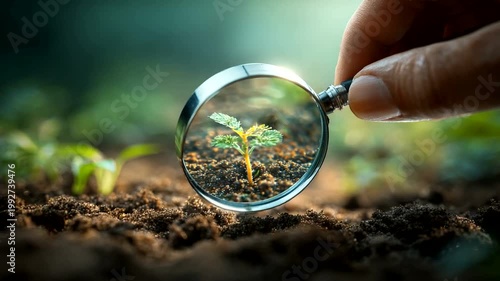 Close-up of a hand examining a young plant with magnifying glass