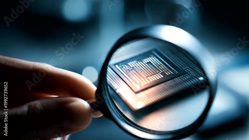 Close-up of a hand holding a magnifying glass over a microchip