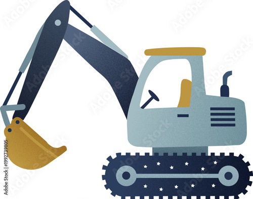 A playful and textured illustration of a blue construction excavator featuring a yellow bucket and starry tracks. This flat-style heavy machinery graphic is ideal for kids' nursery wall art, education