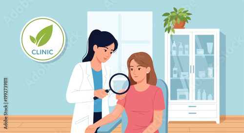 A female doctor examines a young girl's skin with a magnifying glass in a pediatrician's office with a skin theme