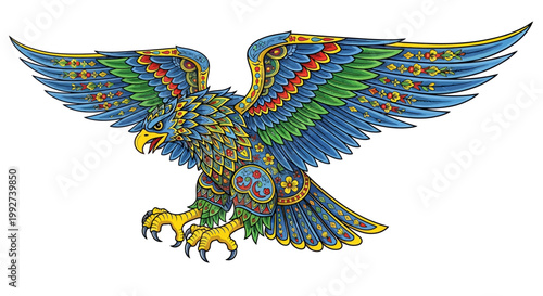 Eagle displays vibrant patterned feathers in this intricate tribal.