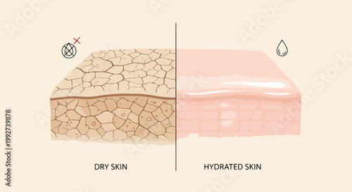 Illustration comparing dry skin with hydrated skin, showcasing cracked texture on left and smooth, moisturized skin on right against a clean background