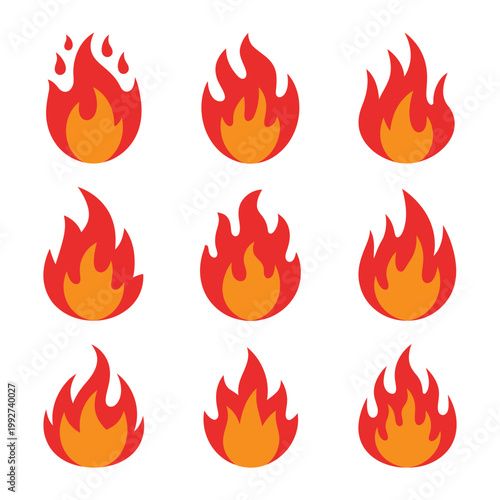 Fire icons set featuring flame shapes and bonfire designs vector illustration collection of heat energy and burning symbols