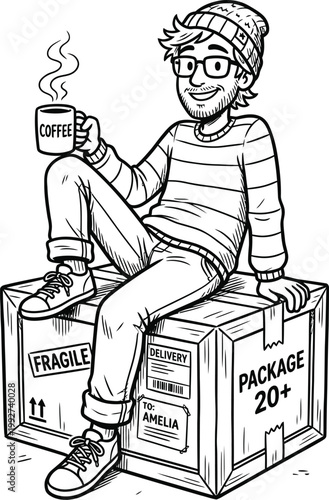 Casual man relaxing on a cardboard delivery box while enjoying a hot beverage with hot drink online shopping delivery cardboard shipping commerce