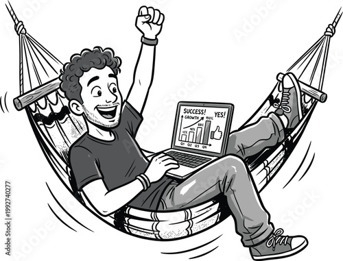 Happy man working remotely from a hammock with laptop and celebrating success digital nomad work from home arm raised freelancer cheerful
