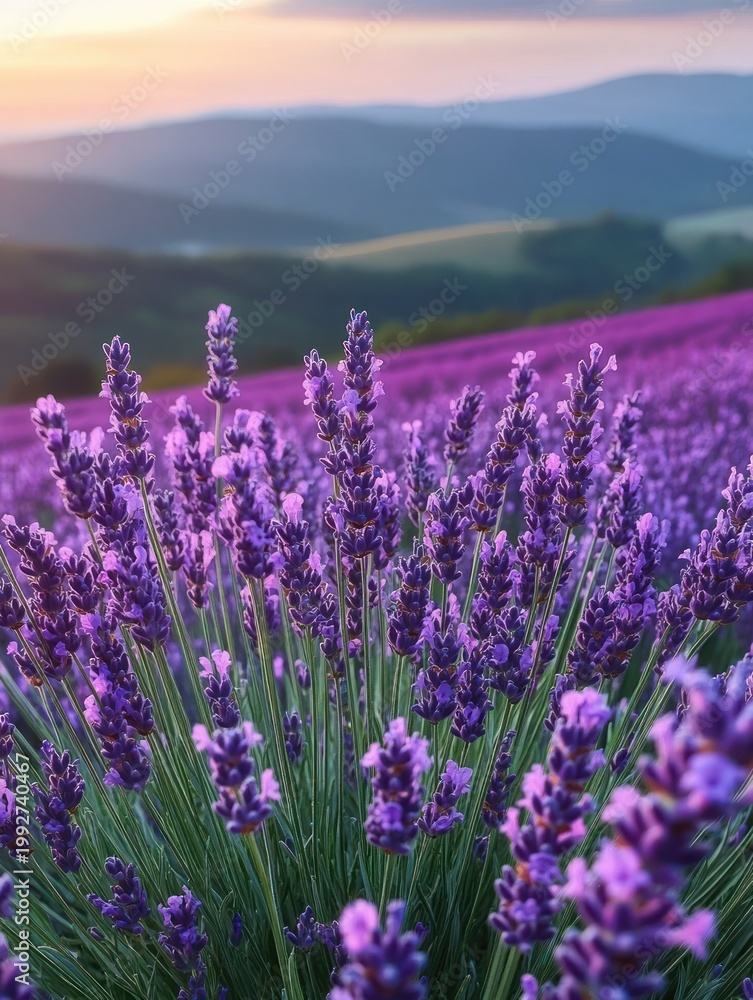 Obraz premium Close-up of vibrant lavender blooms in a sunlit hillside field at sunset with rolling hills and a peaceful, fragrant atmosphere