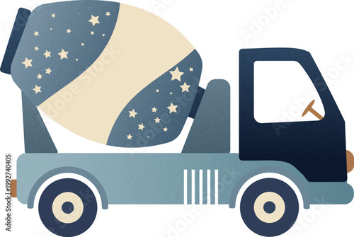 A modern and minimalist digital illustration of a concrete mixer truck, featuring a blue and cream color scheme with star details on the mixing drum, perfect for nursery wall art or kids' room décor.