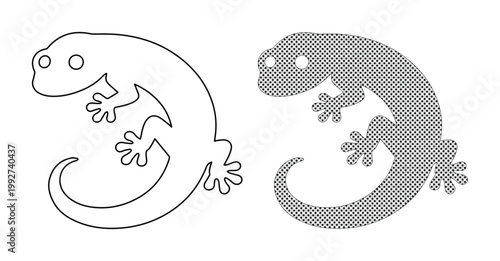 Minimalist lizard vector icons, black outline gecko silhouette and halftone textured salamander, simple reptile line art graphics for branding