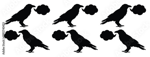 Black crow silhouette set with speech bubbles, raven bird vector icons collection, dark gothic corvid illustrations for halloween and spooky design
