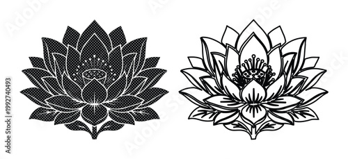 Zen lotus flower vector icons, black and white floral blossom illustrations, elegant botanical water lily silhouettes for yoga and wellness branding