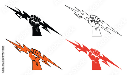 Powerful fist holding lightning bolt vector set, clenched hand gripping thunderbolt icons, mythological god of thunder symbols in black and red