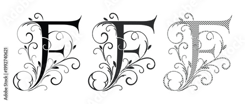 Vintage ornate letter F set, elegant floral monogram vector collection, decorative serif alphabet initial with baroque swirls and filigree