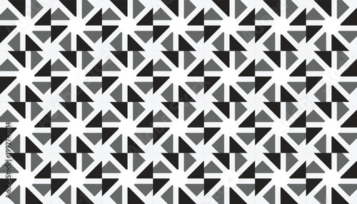 Seamless Monochrome Pinwheel Geometric Pattern, Abstract Black and Gray Rotating Triangle Vector Background
